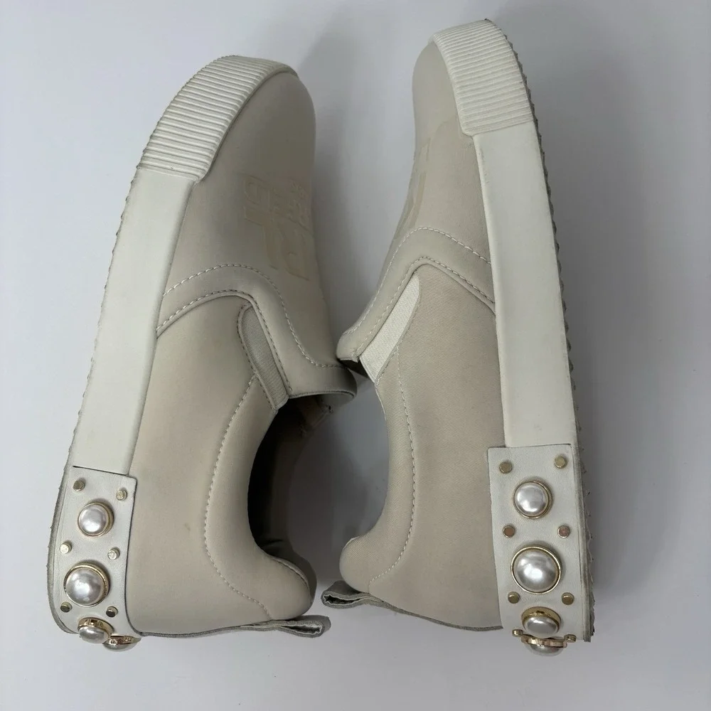 Karl Lagerfeld Paris Evy Pearl Embellished Platform Sneaker Ecru 10M Luxe Chic‎